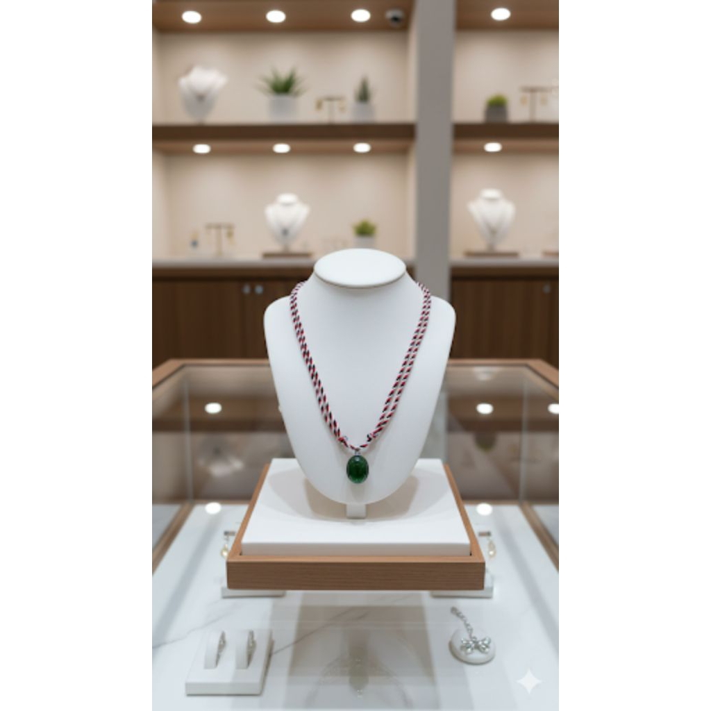 kalung tali tridatu liontin batu zamkal/zamrud kalimantab 18x13mm