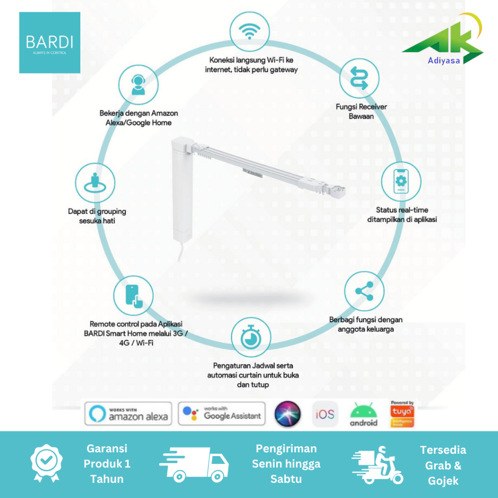 BARDI Smart Curtain Motor + Rel Expandable 1.1–2M WiFi Tirai Otomatis