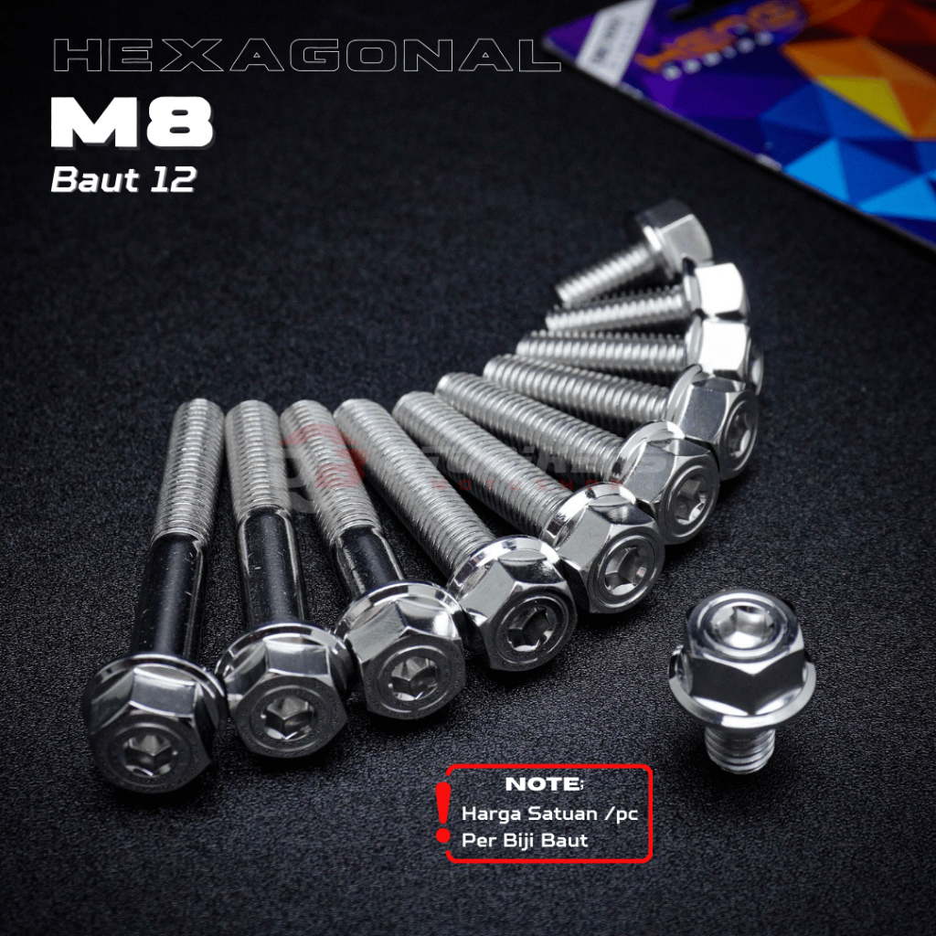 Baut 12 / Drat M8 Hexagonal HENG Original stainless Ukuran x 12 15 20 25 30 35 40 45 50 55 60 mm