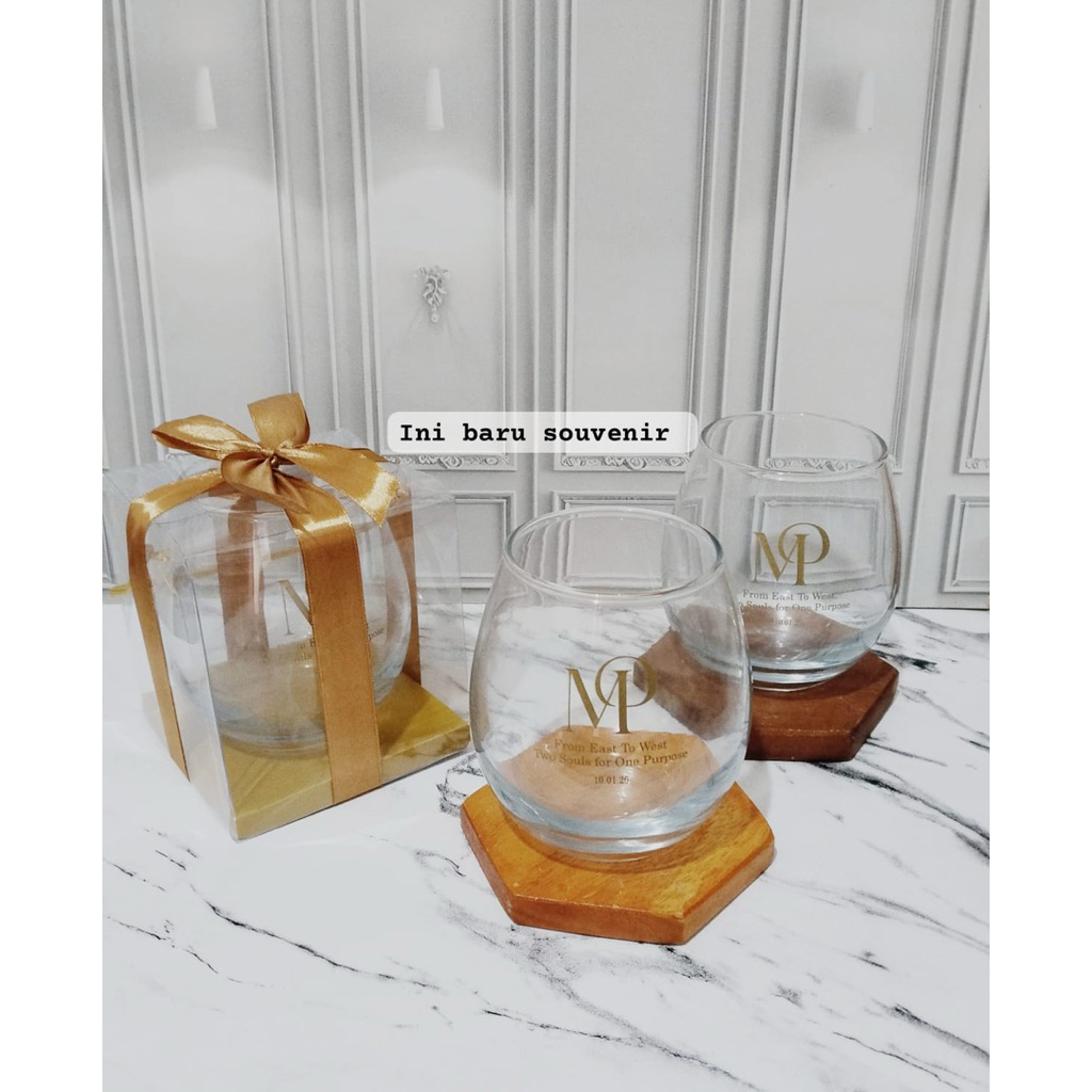 Souvenir pernikahan gelas kaca tuscany / gelas kaca telor / gelas kaca egg plus cetak sablon custom