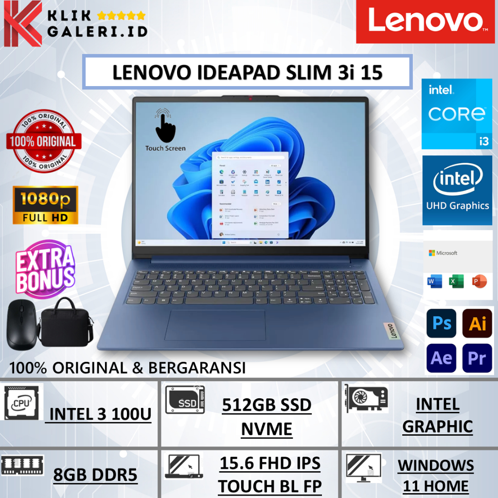 Laptop Touchscreen Lenovo Ideapad Slim 3i 15 Core 3 100U/intel i3 N305 Ram 8GB DDR5 512GB Win 11 Ori