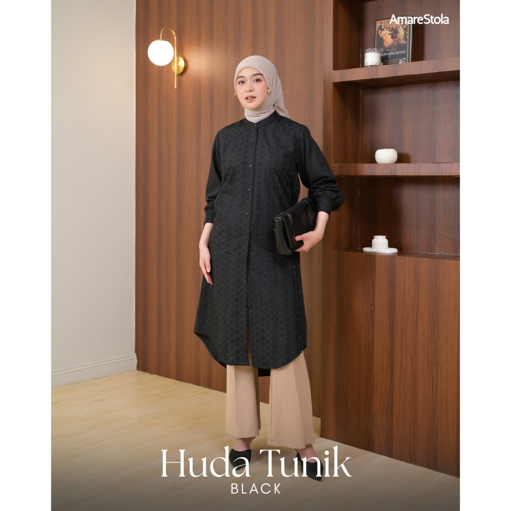 Amarestola - Huda Tunik / Tunik Lengan Panjang Katun Bordir Coksu Putih Hitam Sage