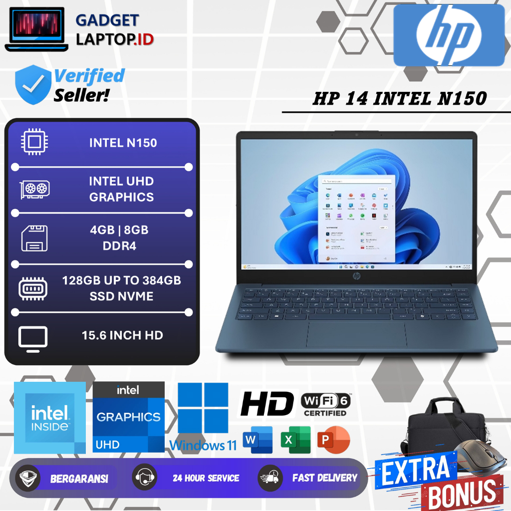 Laptop Sekolah & Kerja HP 14 Intel N150 RAM 8GB 384GB SSD HD Windows 11 Home Terbaru