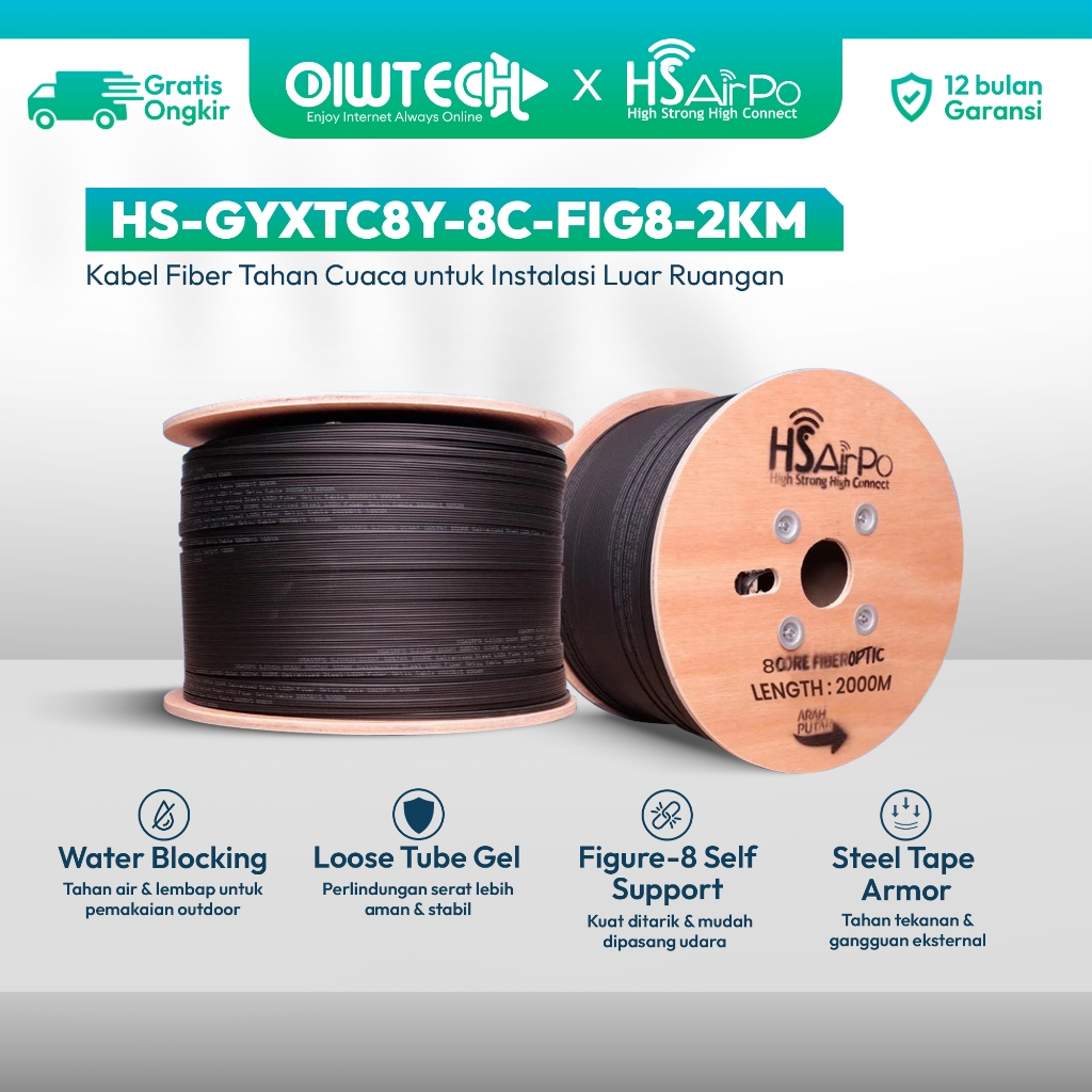 Kabel Fiber Optic Outdoor 8 Core Figure-8 | Panjang 2KM | Kuat & Tahan Cuaca | HSAirPo