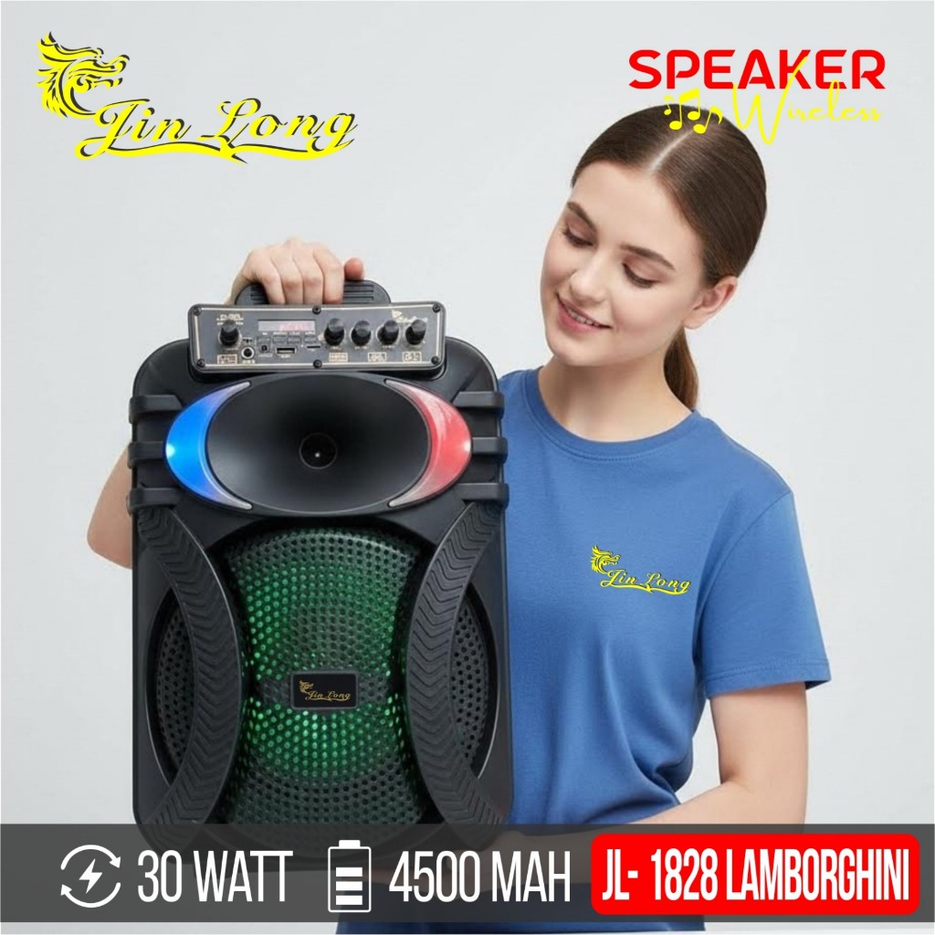 Speaker Wireless Super Bass Jinlong JL 1828 Lamborghini 10.5 Inch 30Watt 4500 mAh  free 2 mic Wirele