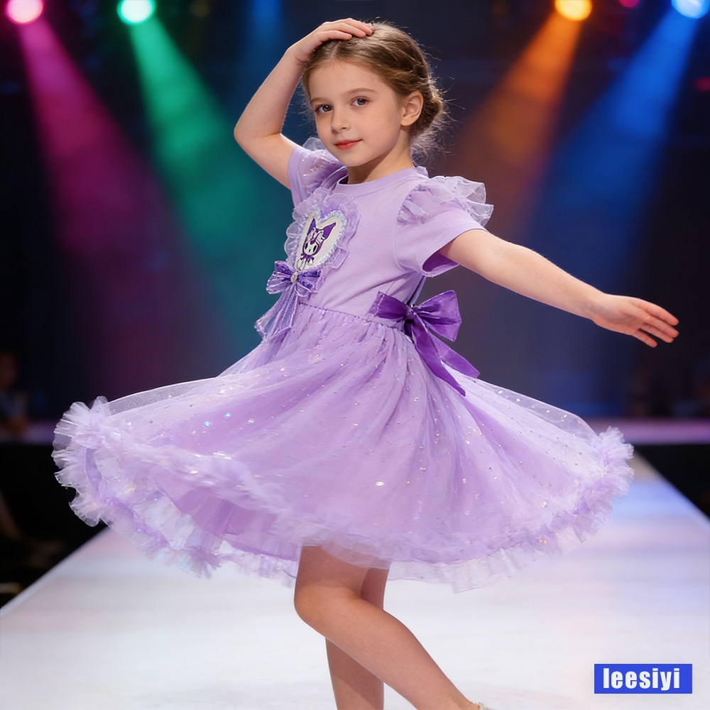 Kuromi Sparkle Tulle Dress - Gaun Anak Perempuan Ungu Lucu untuk Ultah & Pesta Kartun 2-8 Tahun