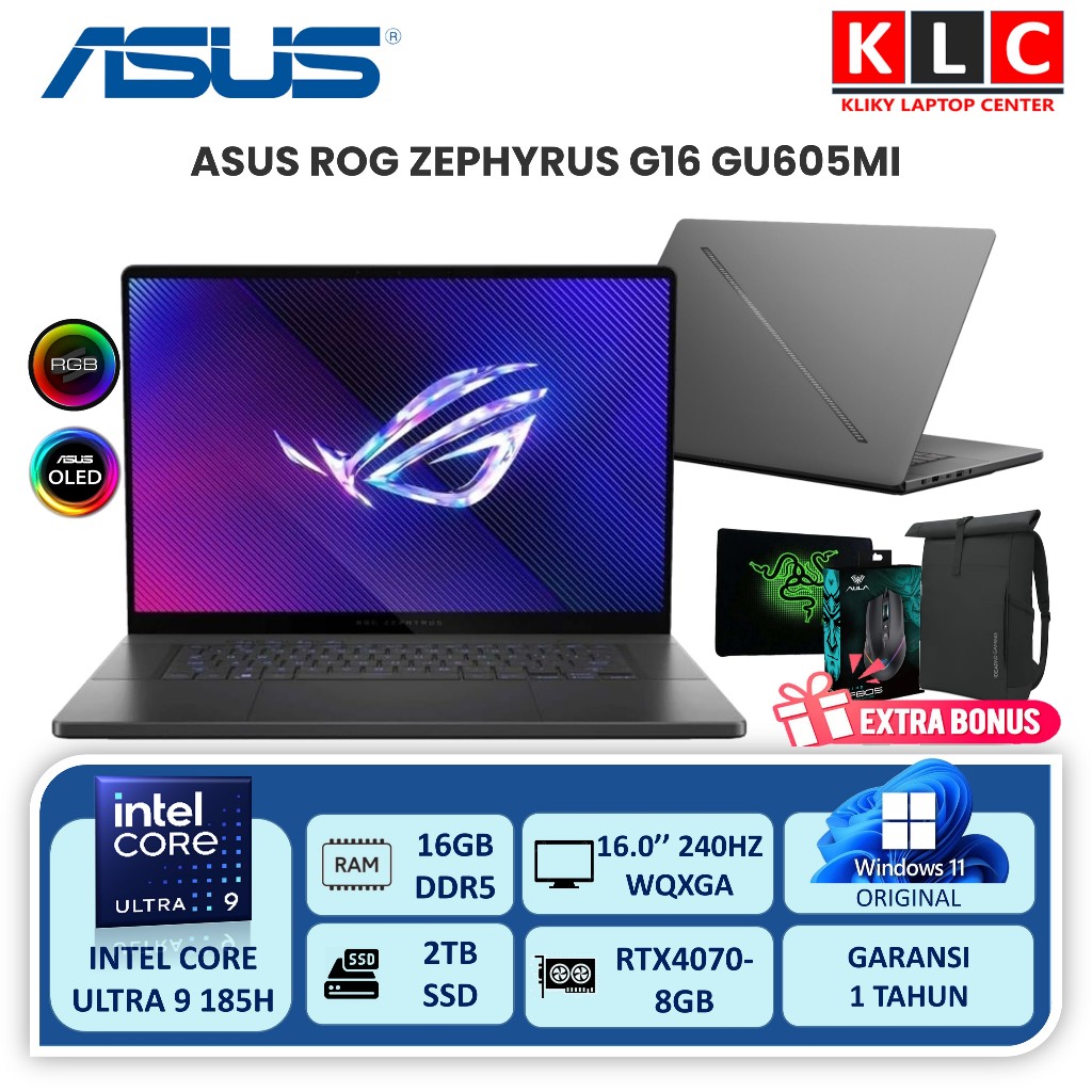 Asus Rog Zephyrus G16 GU605MI Intel Ultra 9 185H RTX4070 16GB 2TB SSD OLED 240HZ Laptop Gaming