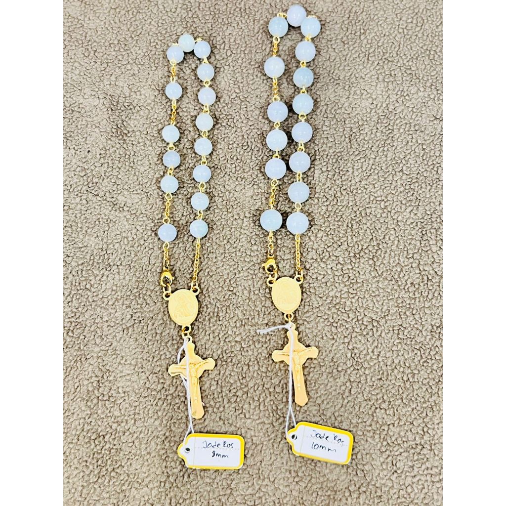 Jade Rosario 8mm & 10mm – Rosario Batu Alam Putih dengan Salib Emas Elegan