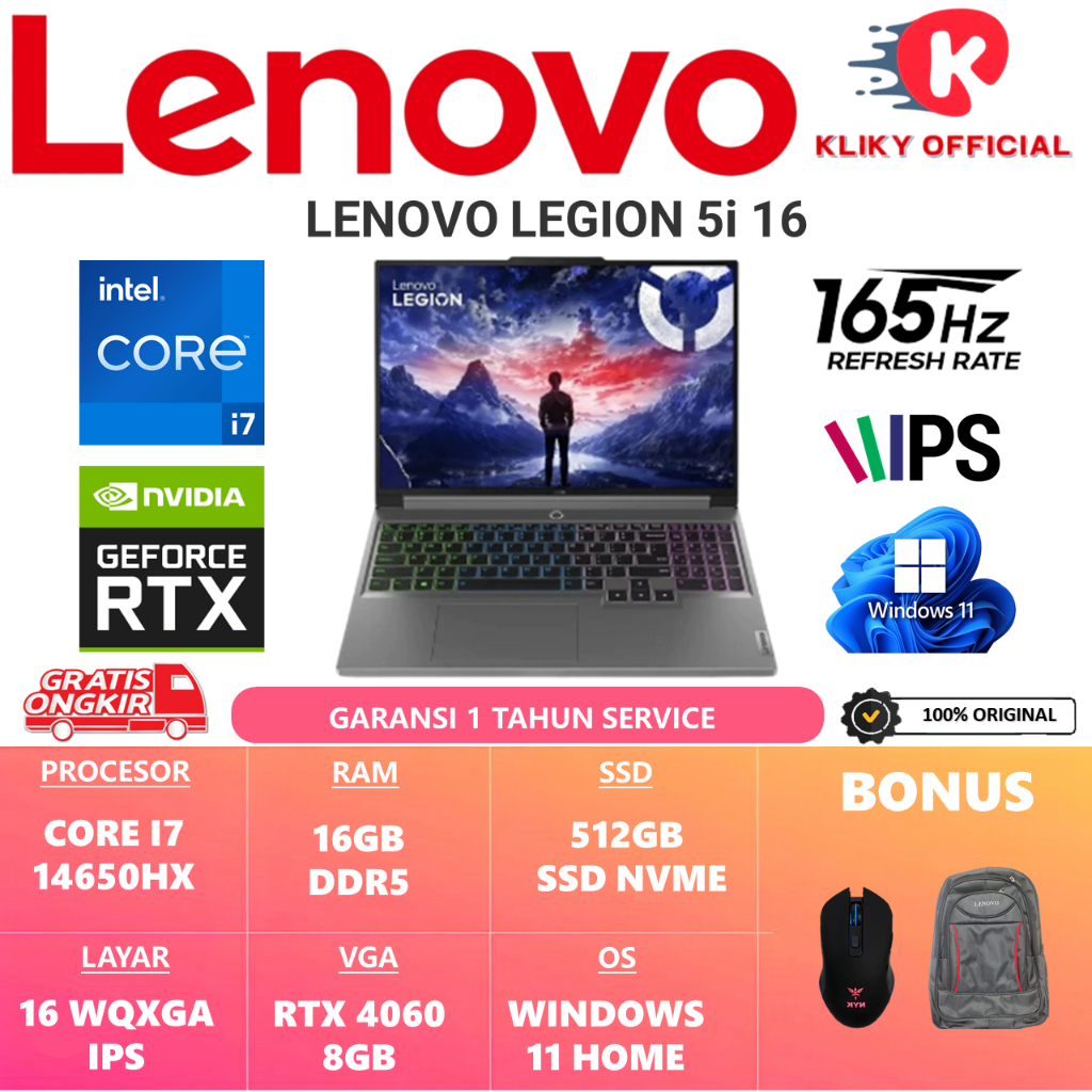 Laptop Game LENOVO LEGION 5i 16 INTEL I7 14650HX RAM 16GB DDR5 SSD 1TB RTX4060-8GB 16.0 WQXGA
