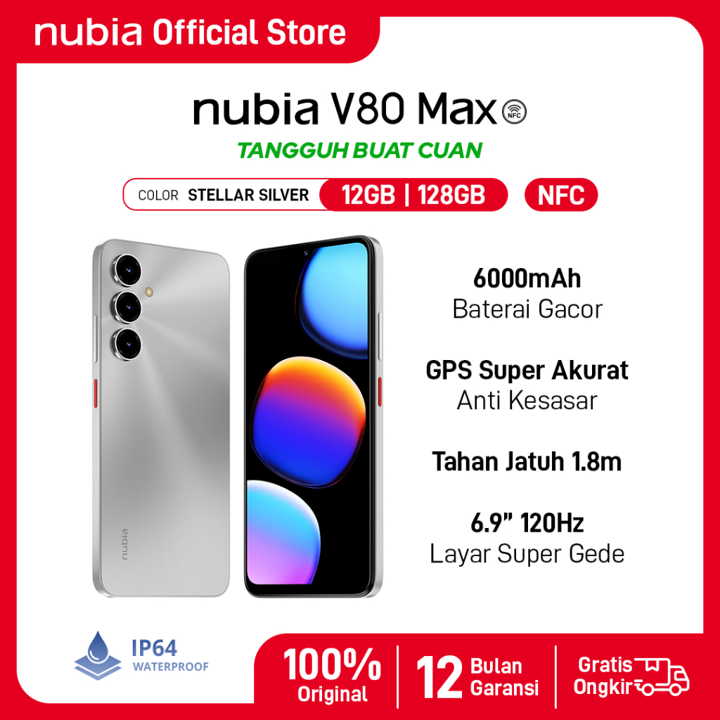 Handphone nubia V80 Max ROM 128 GB RAM 12 GB (6 GB + 6 GB) Smartphone Layar 6.9" HD 120Hz, Baterai 6000mAh Fast Charging GPS Turbo - Gambar 2