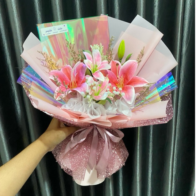 POPIN. SIDE Bouquet Bunga Lily Pink Latex | Bucket Bunga Lily Artificial | Bouquet Bunga Palsu denga