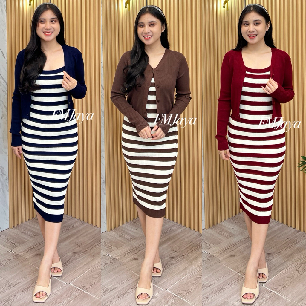 DRESS RAJUT + OUTER 3373 || DRESS KNIT WANITA PREMIUM || DRESS RAJUT CARDI MOTIF SALUR || DRES 2 IN 