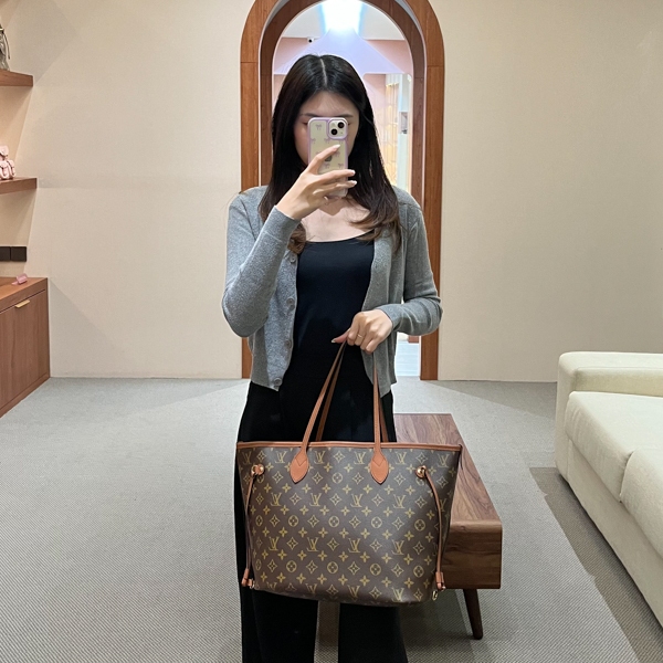 Tas LV NEVERFULL INSIDE OUT MM TAN BROWN LEATHER REVERSIBLE TOTE BAG 100% ORIGINAL