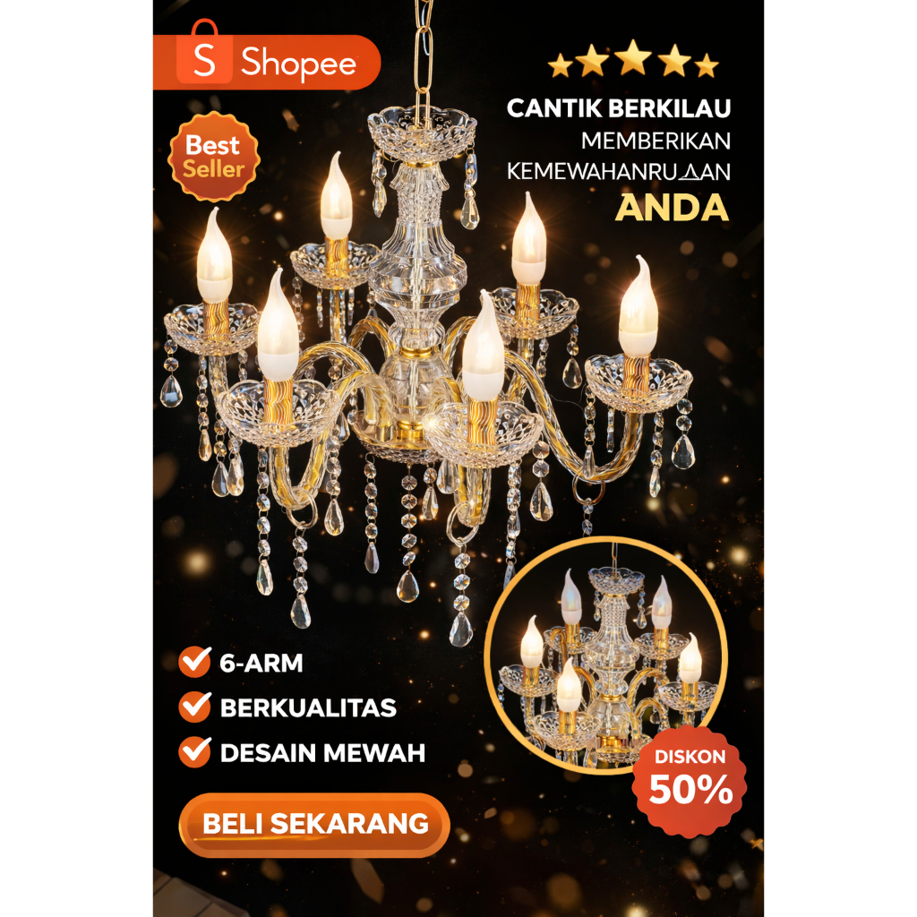 Lampu Gantung Kristal 6 Cabang | Lampu Dekorasi Wedding & Pelaminan
