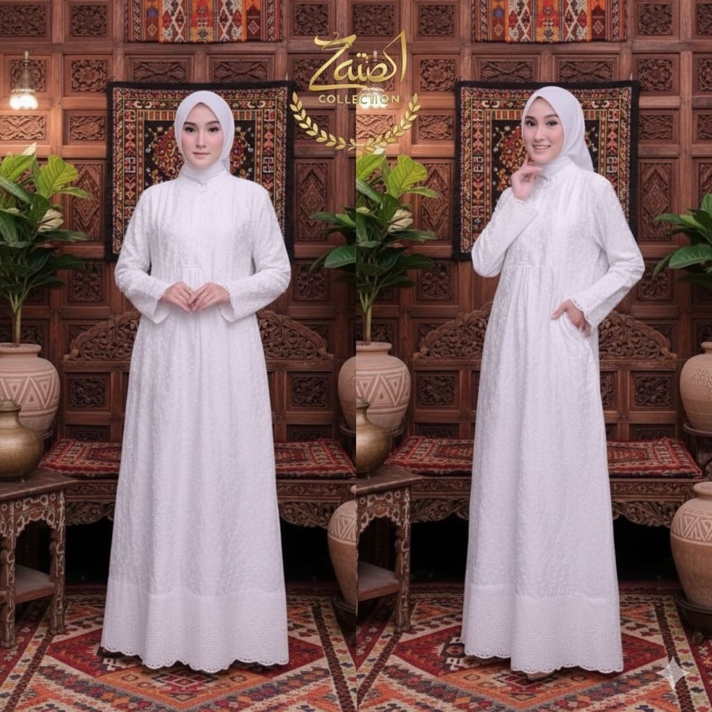 Gamis Putih Sutra Paris Renda Kerancang / Gamis Wanita Khusus Putih Bahan Silk Cotton Variasi Renda 