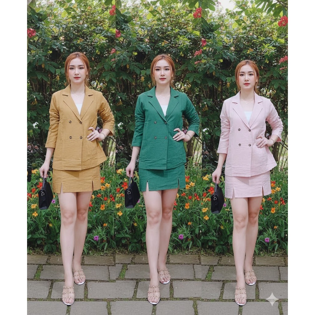 Setelan Blazer Wanita Polos / Setelan Linen Polos Model Blazer Bawahan RokCelana