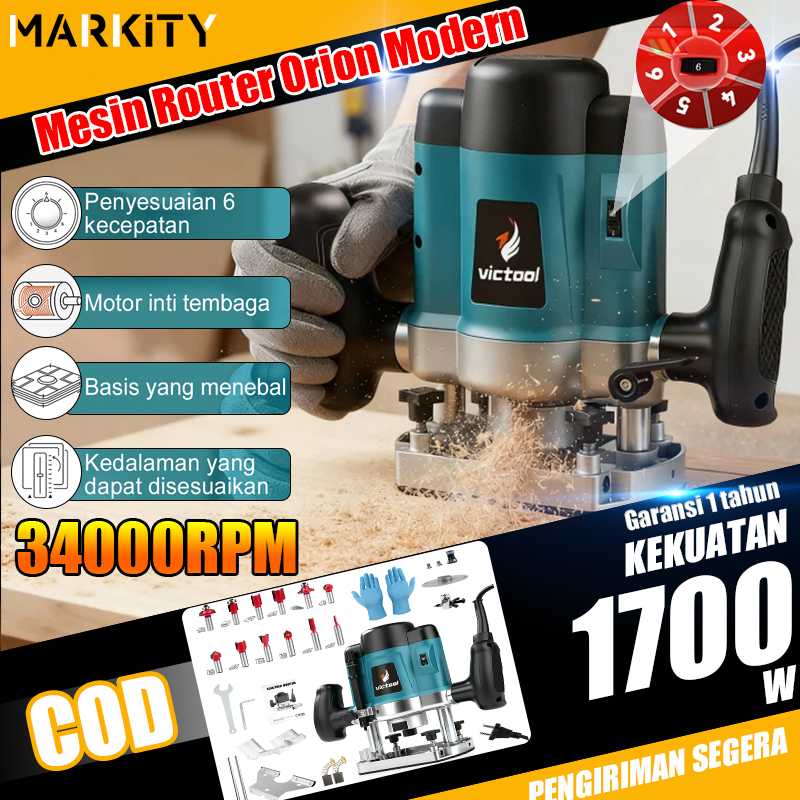 MARKITY Mesin Router Orion Modern Profil Kayu 34000RPM MIN 1700W Skok Bobok Kayu Ukir Kekuatan