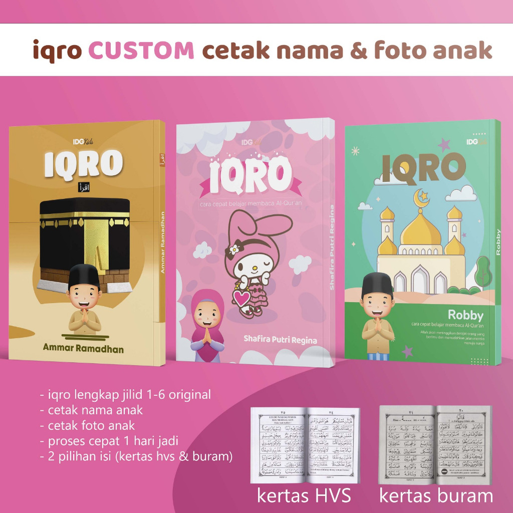 Buku Kitab Iqro & Juz Amma Anak Custom Nama Foto Ukuran Besar