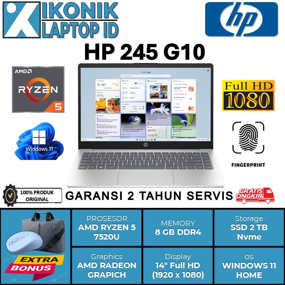 Laptop Terbaru HP Ryzen 5 7520U Ram 8GB SSD 2TB 14" FHD Windows 11 Home Slim Murah