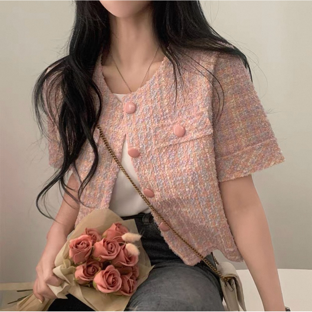 LE ANASTASIA - Premium Crop Tweed Blazer | Korean Pink Tweed Blazer Crop Top Outer Wanita