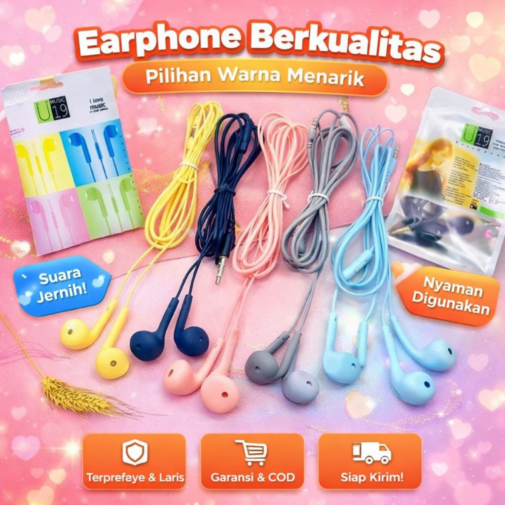 U19 Macaron Headset Earphone U19 Macaron Handsfree Headphone Henset Kabel 3.5mm Mic Musik Lucu Warna