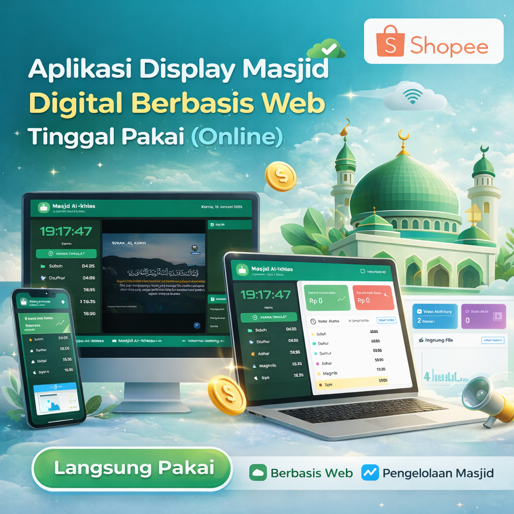 Aplikasi Display TV Masjid Digital - Jadwal Sholat Otomatis, Keuangan, Slideshow | Siap Pakai Online
