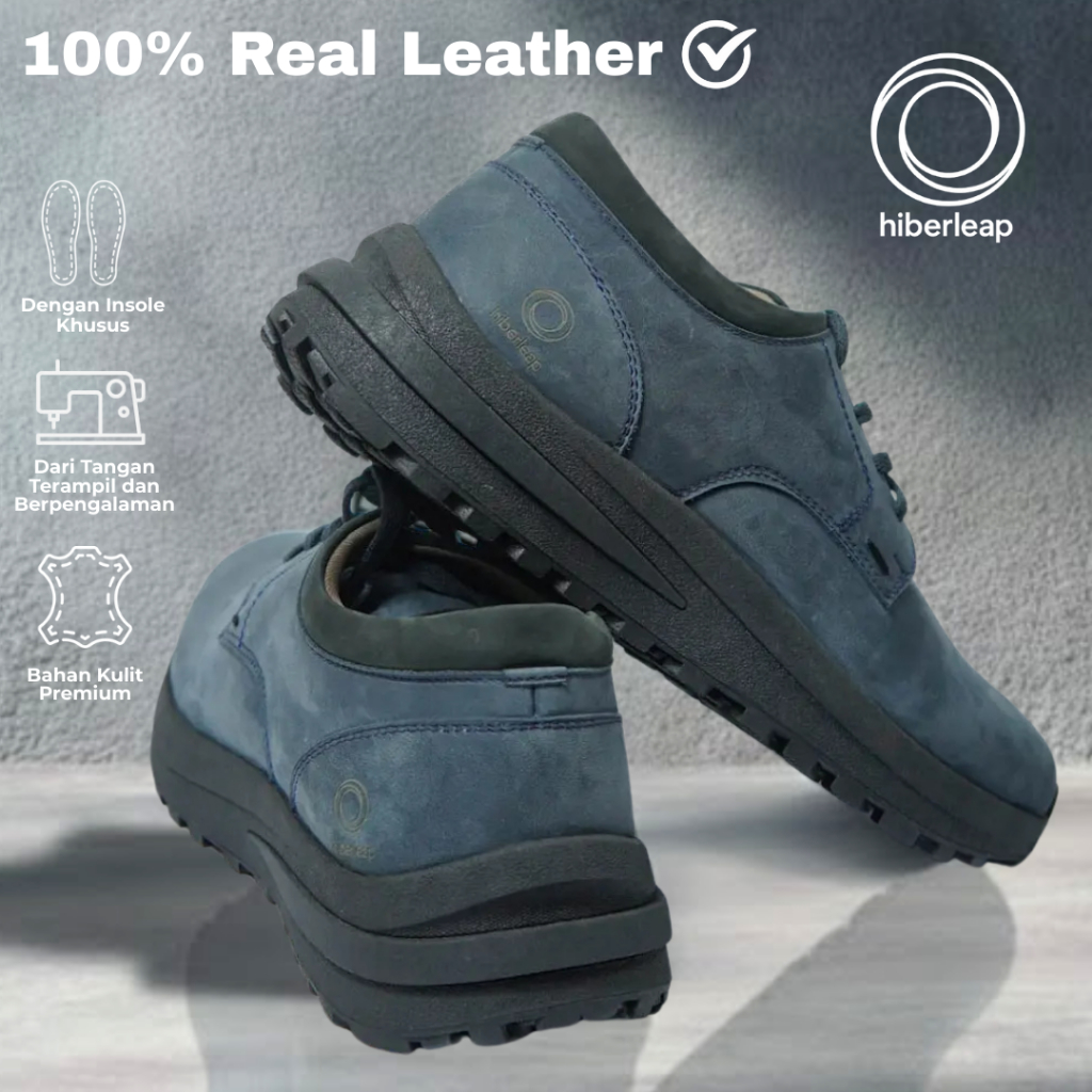 HIBERLEAP SENTINEL Sepatu Kulit Casual Pria Navy Biru Tua Sol Hitam Bold – Handmade Sneakers 100% Ku
