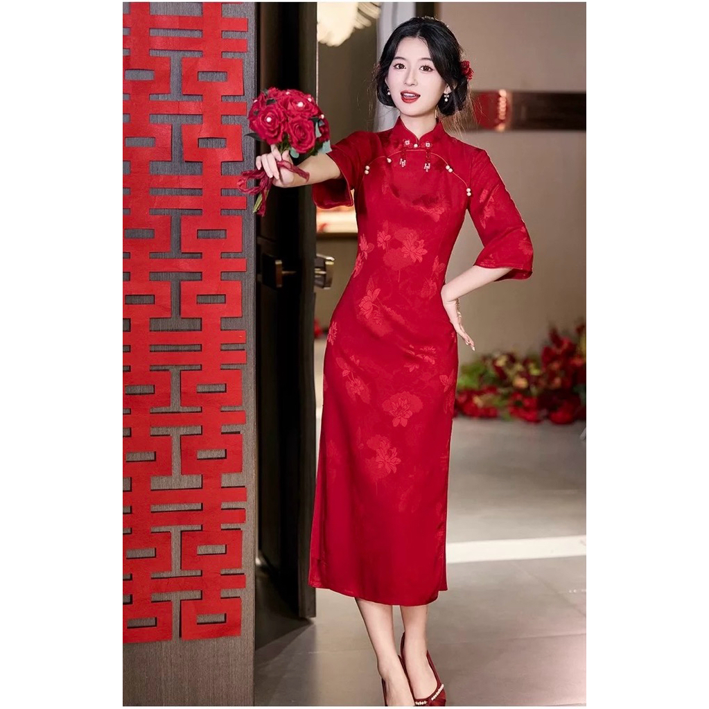Q13 Gaun Cheongsam Merah Qipao Merah Wedding Dress Terbaru