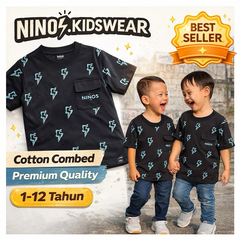 Kaos Anak Laki-Laki Premium Motif Petir Kekinian | Baju Anak Katun Adem Premium | NINOS.KIDS