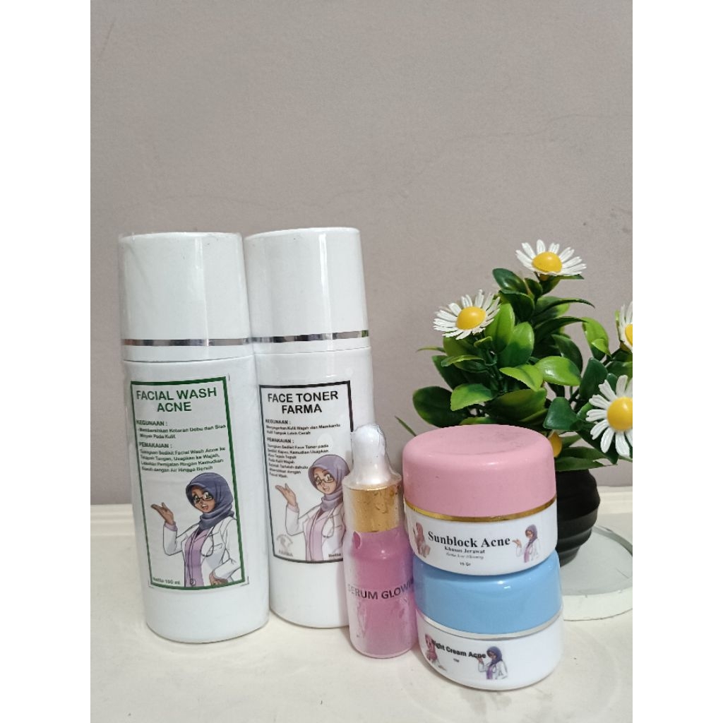 PAKET SKINCARE FARMA ACNE KHUSUS KULIT BERJERAWAT (SABUN,KRIM SIANG,MALAM, FACE TONER & SERUM)