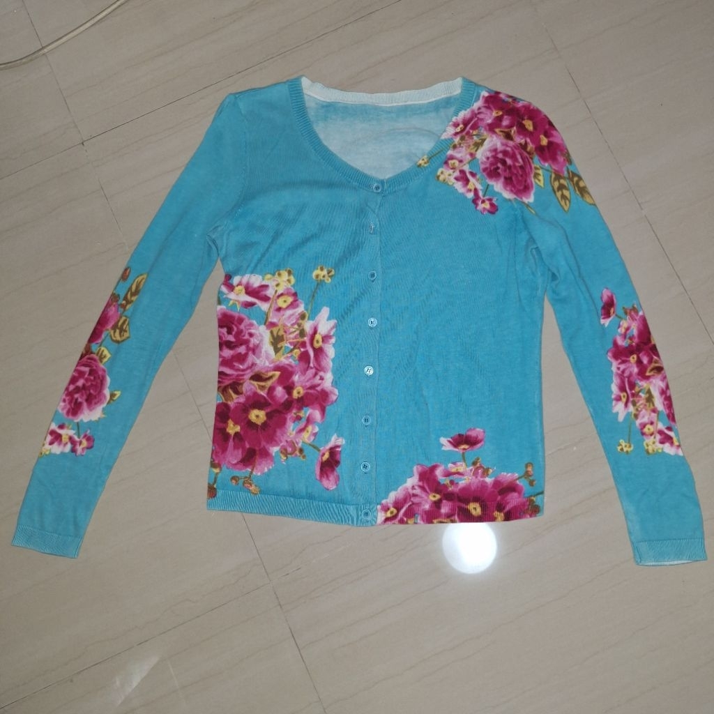 Caridgan Wanita Biru Tosca Motif Bunga  Sweater Kaos Atasan Lengan Panjang Wanita Slim Fit