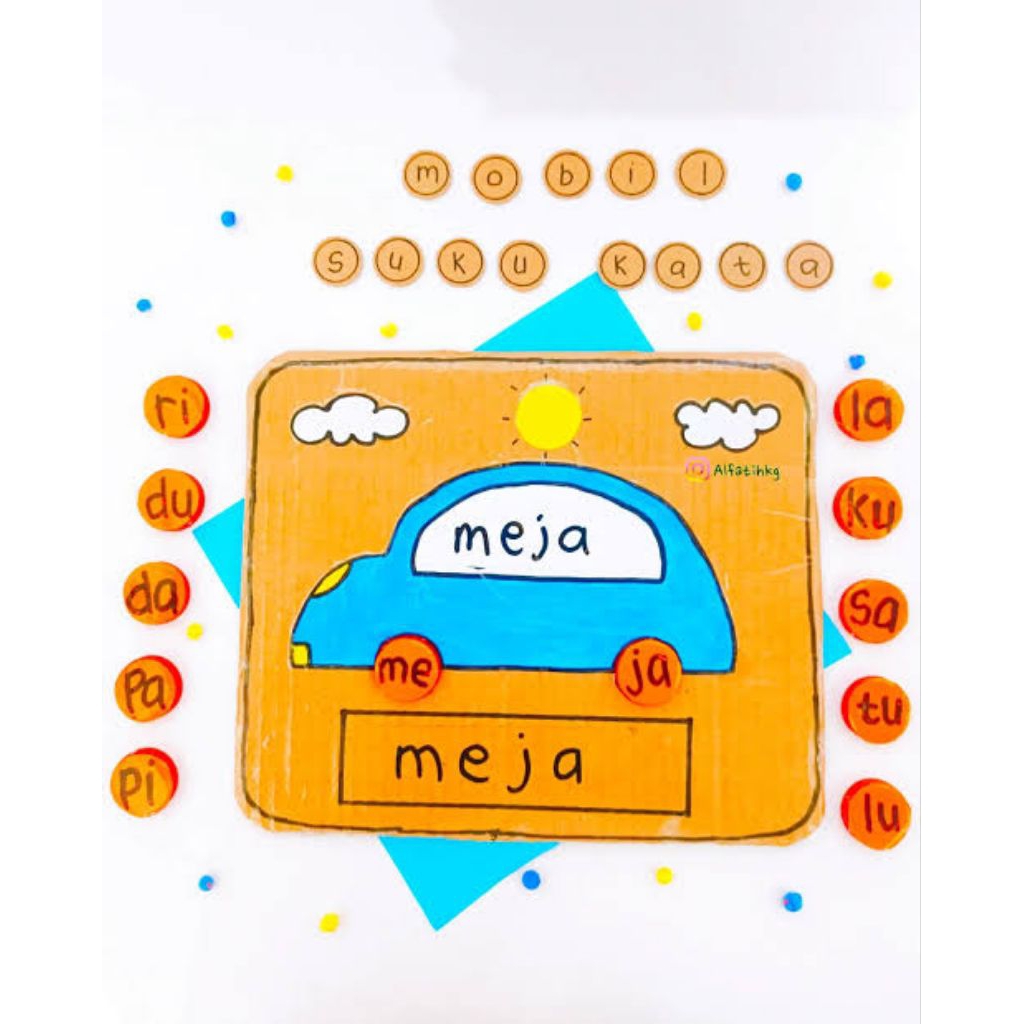 Mobil suku kata anak paud belajar membaca APE dari bahan kardus dan tutup botol