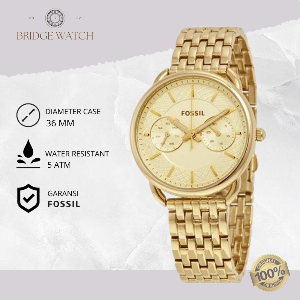 Jam Tangan Wanita Fossil ES3714 Tailor Original Gold Stainless Steel Strap Rantai Chronograph Mewah