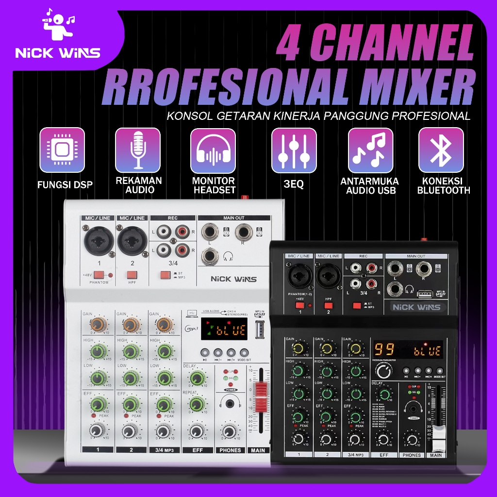 Mixer Audio 4 Channel mini Professional Mixer Bluetooth USB Equalizer Reverb Phantom Power Original