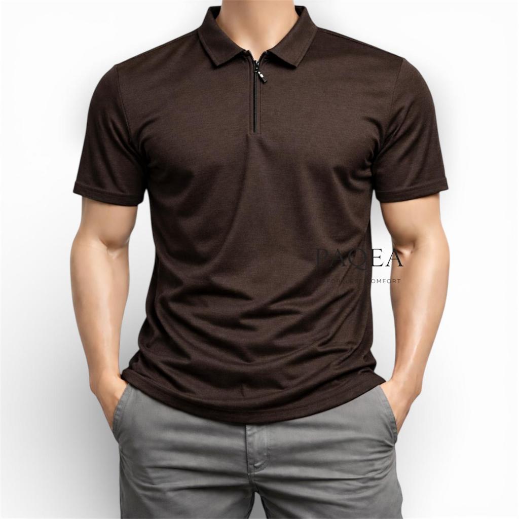Kaos Polo Pria Katun Zipper Lengan Pendek Stylish Warna Coklat Mahogany