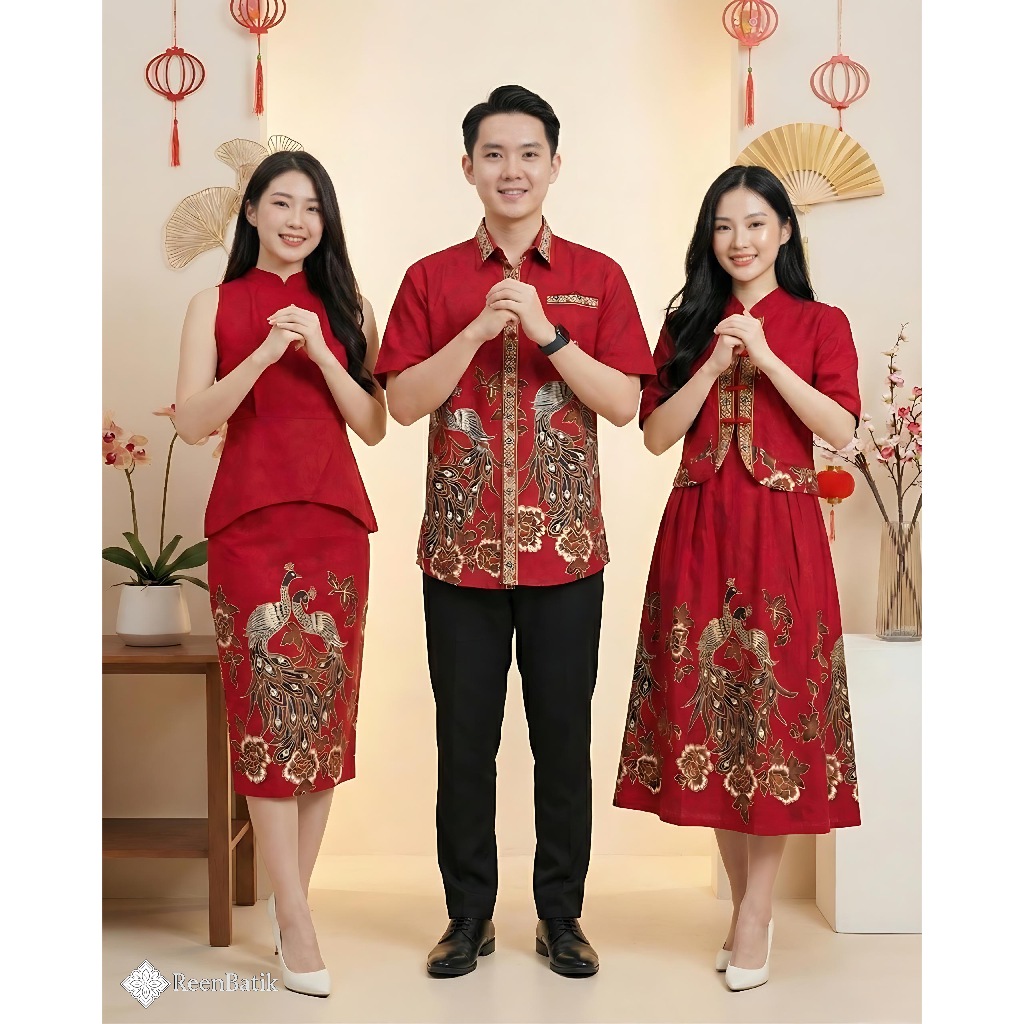 Batik Couple Imlek Warna Merah / Dress Cheongsam / Dress Imlek / Batik Imlek / Series LT#