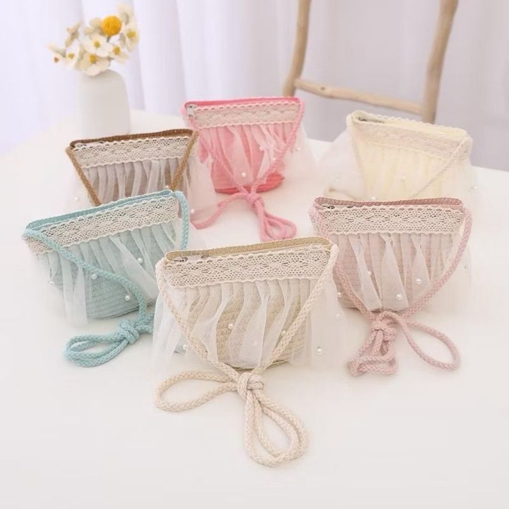 Tas Selempang Anak Rotan Anyaman Rajut Renda Mutiara