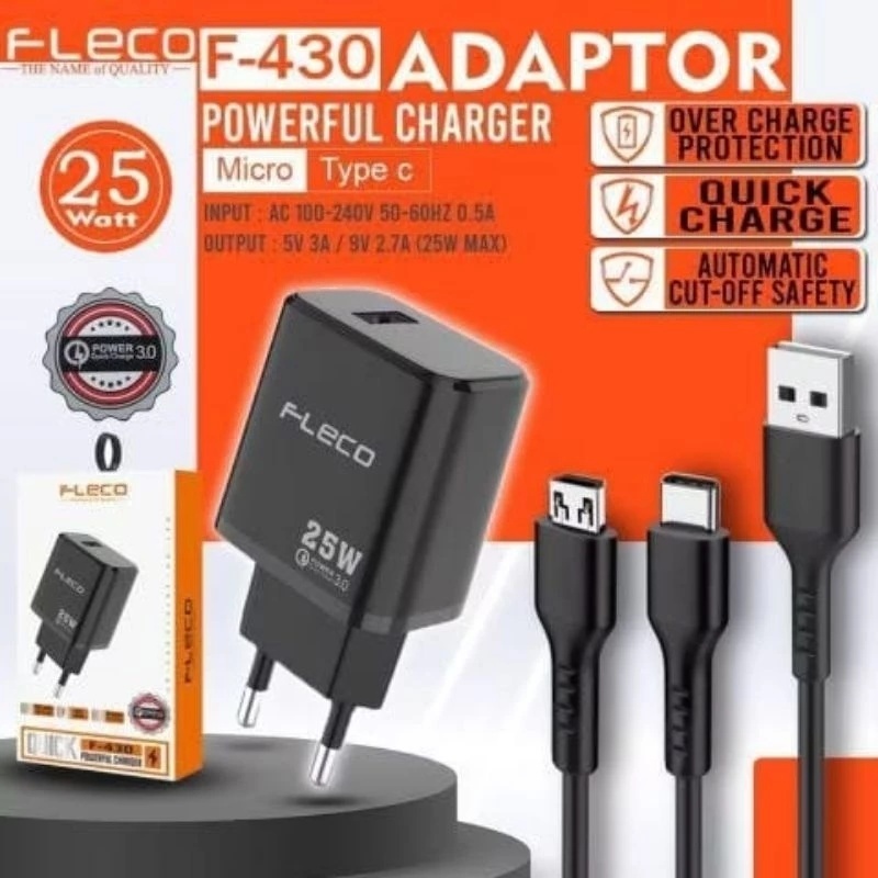 Travel Charger Fleco F-430 25W Casan HP Micro Type C Lightning Kepala Charger Fleco Fast Charging