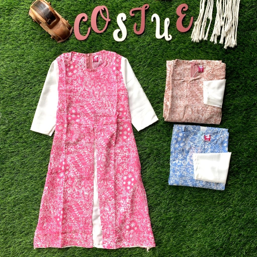 BATIK COSTUME Gamis Anak Elok Model Lucu Bahan dobby mix polos Lengan panjang