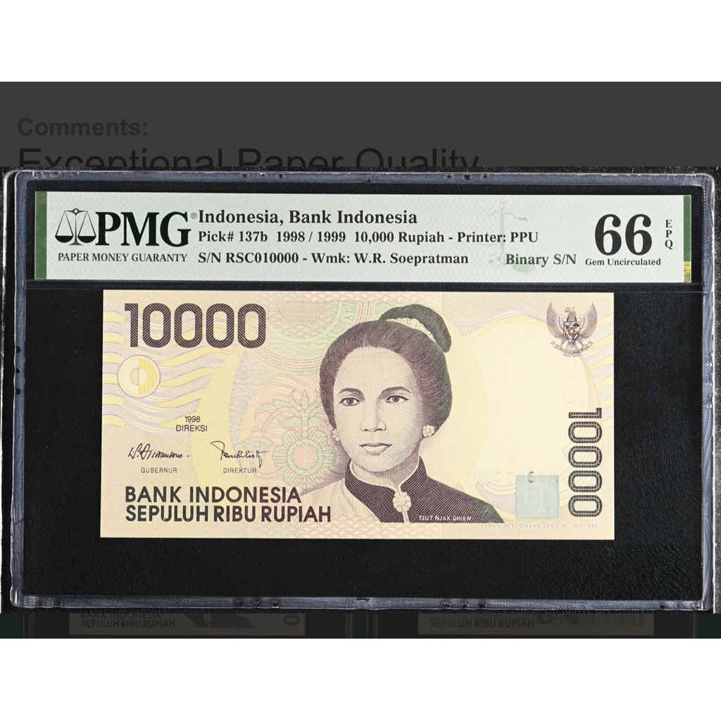 Uang Kuno PMG Score 66 EPQ Binary Indonesia, Bank Indonesia, 10,000 Rupiah 1998 / 1999 - Printer: PP