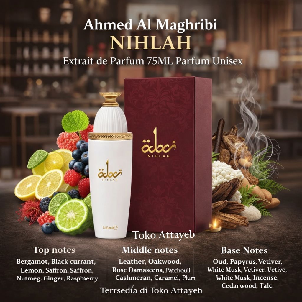 Ahmed Al Maghribi Nihlah Extrait de Parfum 75ML Parfum Unisex Aroma Bergamot, Black currant, Lemon, 