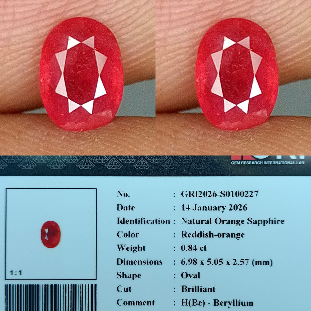 NATURAL ORANGE SAPPHIRE H-Be REDDISH ORANGE MEMO GRI LAB