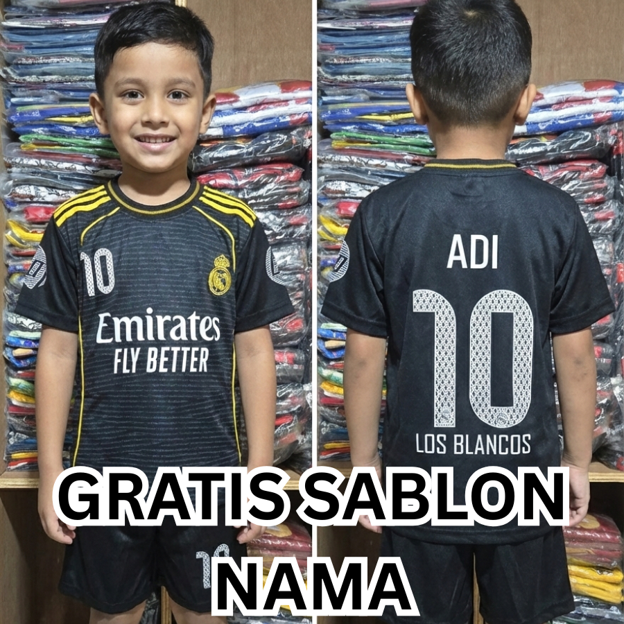 setelan anak baju celana bola realmadrid hitam/setelan bola anak real madrid home 2022/2023