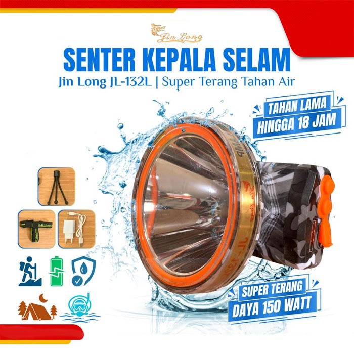 Senter Kepala Selam Army 150 Watt JINLONG JL-132L Super Terang Tahan 18Jam | Headlamp Anti Air