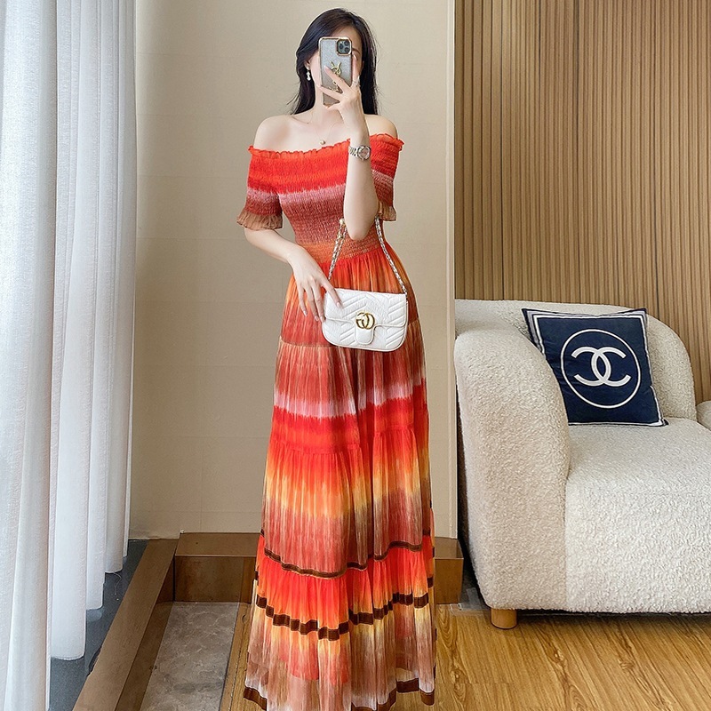 Aurora Sunset Maxi Dress Import – Gaun Off-Shoulder Premium Motif Gradasi - Bohemian Summer Dream – 