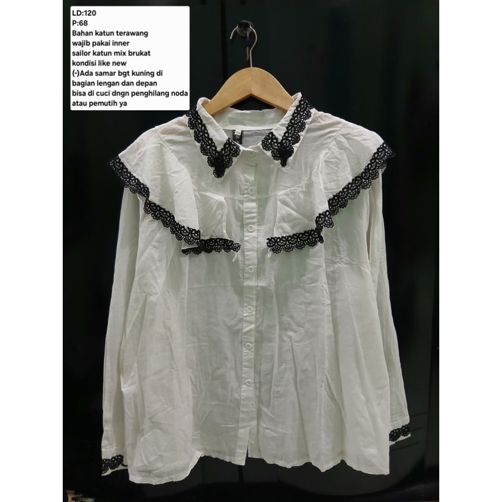 (COD)Atasa kemeja sailor brokat wanita warna putih hitam oversize