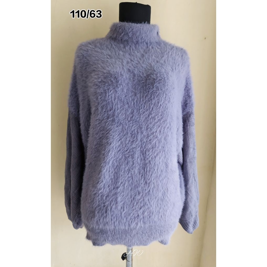 Sweater Fuzzy Bulu Kapas Mix Rajut Turtle Neck Lengan Balon Ungu