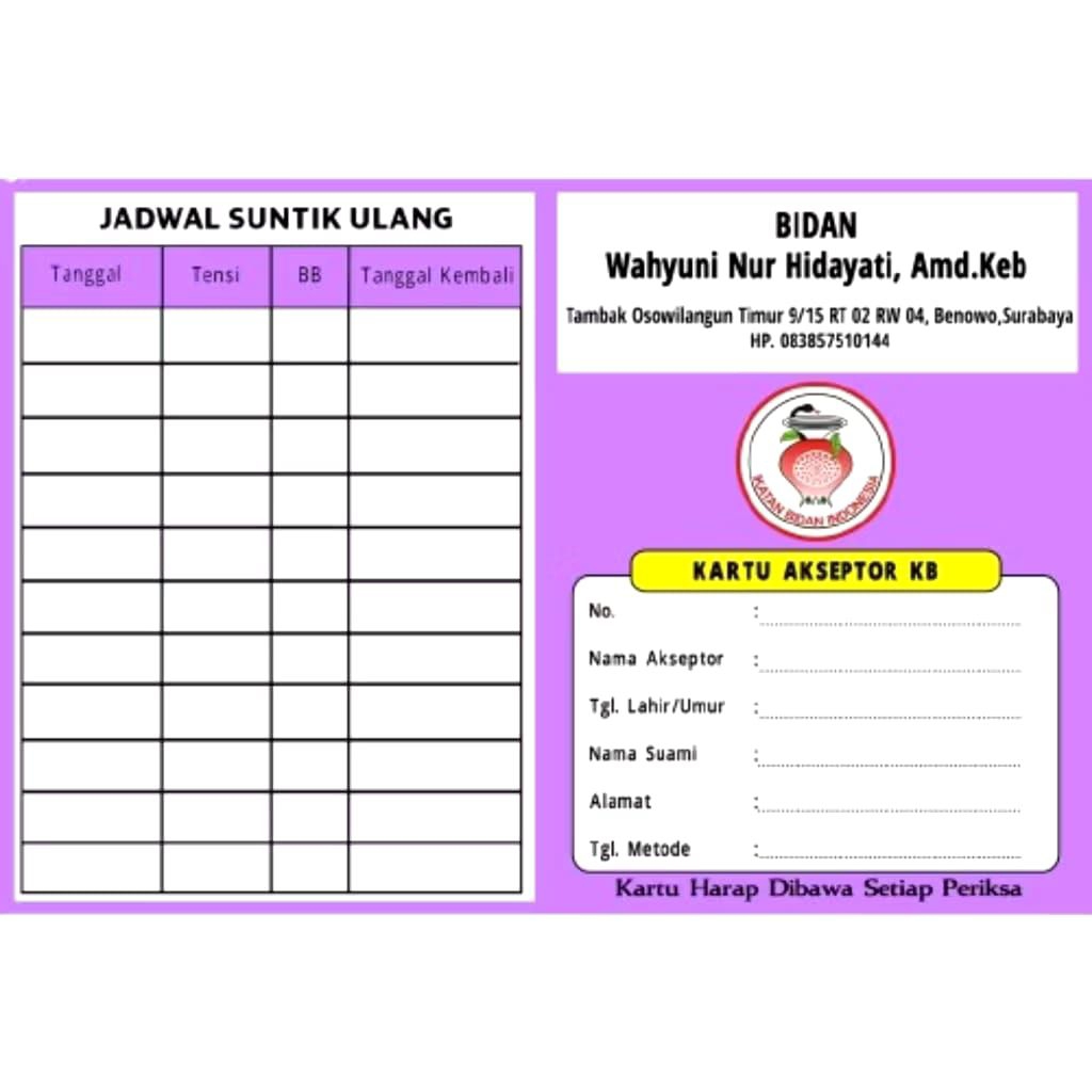 Kartu Akseptor KB Bidan Costum Nama dan Alamat sesuai keinginan KARTU KITA