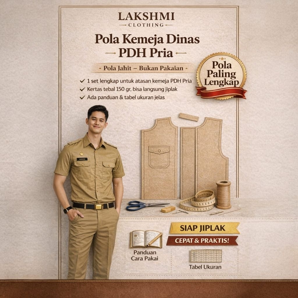 Pola Jahit Kemeja Dinas PDH Pria Lengan Pendek S M L XL XXL