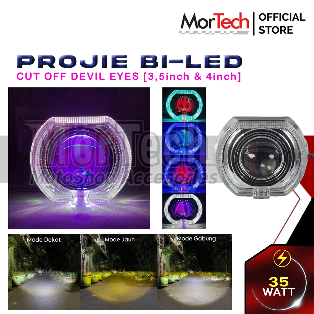 Projie Biled Cut Off Ala ala Bi-Led 3.5inch & 4inch Plus Shroud Demon Devil Eyes Jauh Dekat 35Watt u